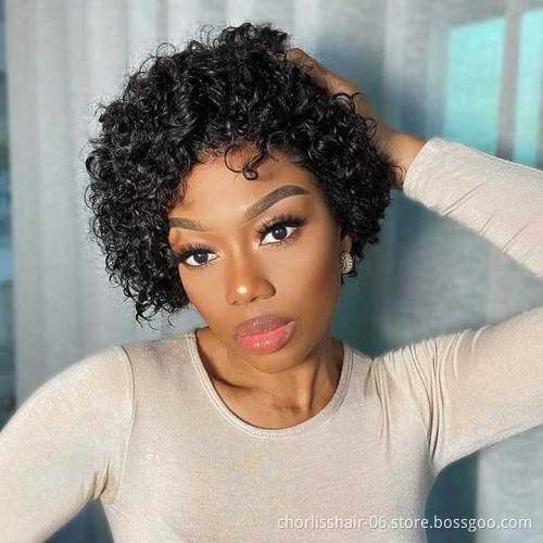 Wholesale Honey Brown Color Glueless Cheap Pixie Short Peruvian Hair Wig Kinky Curly Human Hair Lace Frontal Wig For Women